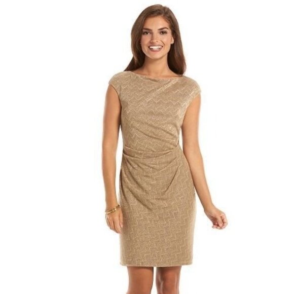 Size 12 CHAPS GOLD METALLIC CHEVRON RUCHED KNIT SHEATH DRESS‎ - Picture 1 of 5